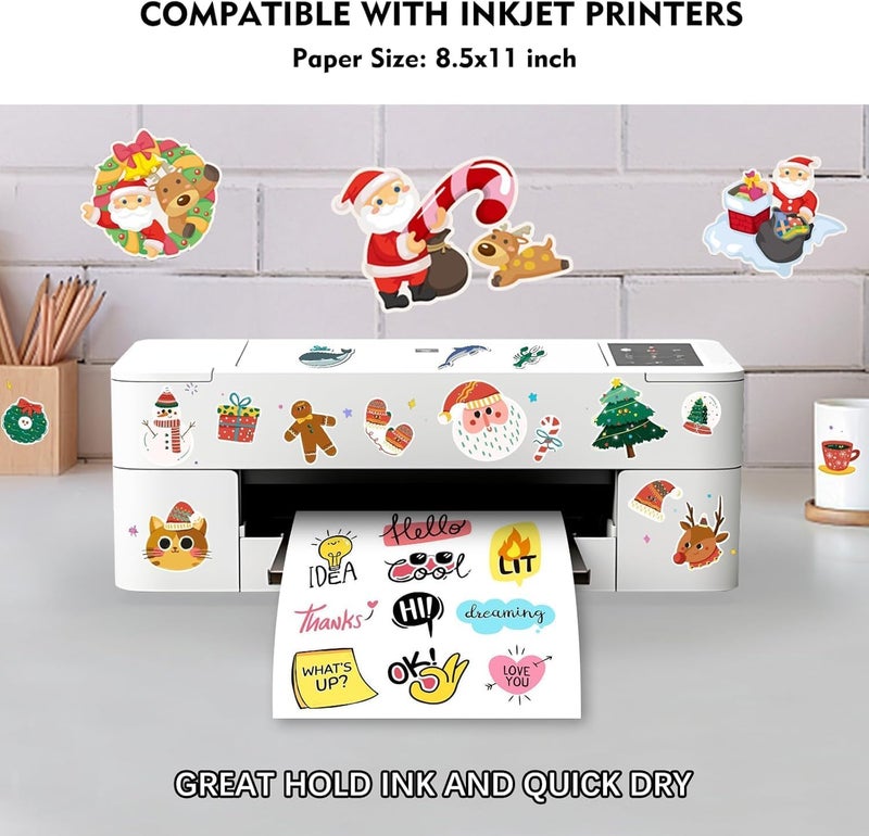 Aevdor 60 Sheets Premium Printable Vinyl Sticker Paper for Inkjet Printer, Glossy White Waterproof, Dries Quickly, Vivid Colors, Tear Resistant, 8.5x11 Inkjet Vinyl Sticker Paper Great for Cutting Machines - Image 3